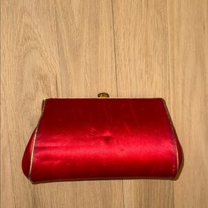 Red Satin Evening Clutch with Gold Trim